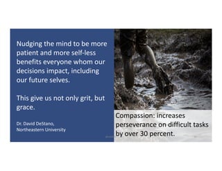 Compassion:	increases	
perseverance	on	difficult	tasks	
by	over	30	percent.
Nudging	the	mind	to	be	more	
patient	and	more	self-less	
benefits	everyone	whom	our	
decisions	impact,	including	
our	future	selves.
This	give	us	not	only	grit,	but	
grace.
Dr.	David	DeStano,
Northeastern	University
@LoisKelly 16
 