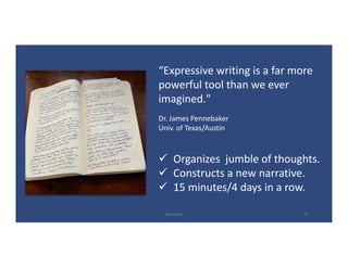 “Expressive	writing	is	a	far	more	
powerful	tool	than	we	ever
imagined."
Dr.	James	Pennebaker
Univ.	of	Texas/Austin
ü Organizes		jumble	of	thoughts.
ü Constructs	a	new	narrative.
ü 15	minutes/4	days	in	a	row.
@LoisKelly 25
 