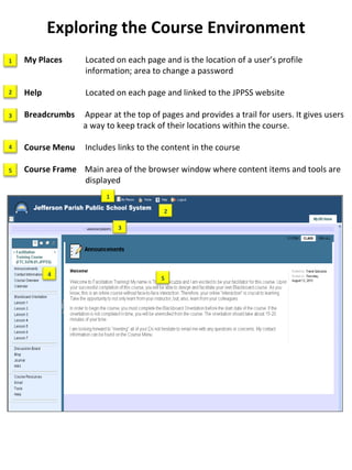 Exploring the Course Environment My Places   Located on each page and is the location of a user’s profile      information; area to change a password Help   Located on each page and linked to the JPPSS website Breadcrumbs  Appear at the top of pages and provides a trail for users. It gives users    a way to keep track of their locations within the course. Course Menu  Includes links to the content in the course Course Frame  Main area of the browser window where content items and tools are   displayed 2 5 3 4 1 1 2 3 4 5 