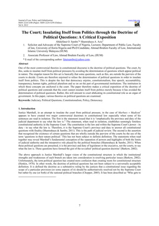 Isolation Politics The court; insulating itself from politics through the doctrine of ...