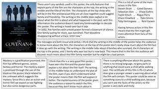 There aren't any symbols used in this poster, the only features that
explain parts of the film are the characters at the top, the writing in the
middle and the title of the film. The characters at the top show who
will be in the film and because they are all close together could suggest
family and friendship. The writing in the middle does explain a lot
about what the film is about and what happened in the past, with this
information the audience doesn't need any foreknowledge to decode
this poster. The writing is hazed over but it says
"In 1692, five families with untold power formed a Covenant of silence.
One family lusting for more, was banished. Their bloodline
disappearing without a trace. Until now."
This is a list of some of the main
actors in the film:
Steven Strait … Caled Danvers
Sebastian Stan … Chase Collins
Taylor Kitsch … Pogue Parry
Chace Crawford … Tyler Simms
Toby Hemingway … Reid Garwin
Having famous actors in this film
means that the film might get
more attention from fans of the
actors.
The messages are both visual and verbal, I think that the writing in the middle of the poster helps the audience
to know more about the film, the characters at the top of the poster don't really show much about the film but
it does go with the writing. The writing in the middle talks about 4 families who survived, the 4 characters at
the top is the poster, and 1 family who was lost but is now back. This means that in the film the audience will
discover much more about the fifth family member but he might be a bad person.
Mystery is a gratification promised, this
film has different genres, action,
fantasy and horror. The mystery aspect
is promised through the use of the
black on the poster, black related to
the unknown which suggests the
mystery. Since this is also an action and
horror film we expect so see fighting
but also some dangerous parts.
I think that this is a very good film poster, I
have seen this film and the poster does
explain a lot about the film itself. The writing
in the middle helps to understand the plot of
the film, even if you don't understand what
the poster means then the film will explain it
better. The mysteriousness of the poster gives
the audience a reason to watch the film,
because they don't know much about it.
There is anything offensive about this poster,
there is no strong language, no gory parts or
anything that could scare a child while walking
past. The certificate of this film is PG-13 which
does give a younger viewer a warning about what
the film will contain. This poster could be seen as
something scary to a child walking past, because
you can't see the faces of the actors no the
poster is very dark and misty.
 