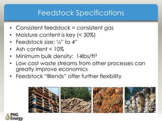 Feedstock Specifications
• Consistent feedstock = consistent gas
• Moisture content is key (< 30%)
• Feedstock size: ¼” to 4”
• Ash content < 10%
• Minimum bulk density: 14lbs/ft3
• Low cost waste streams from other processes can
greatly improve economics
• Feedstock “Blends” offer further flexibility
 