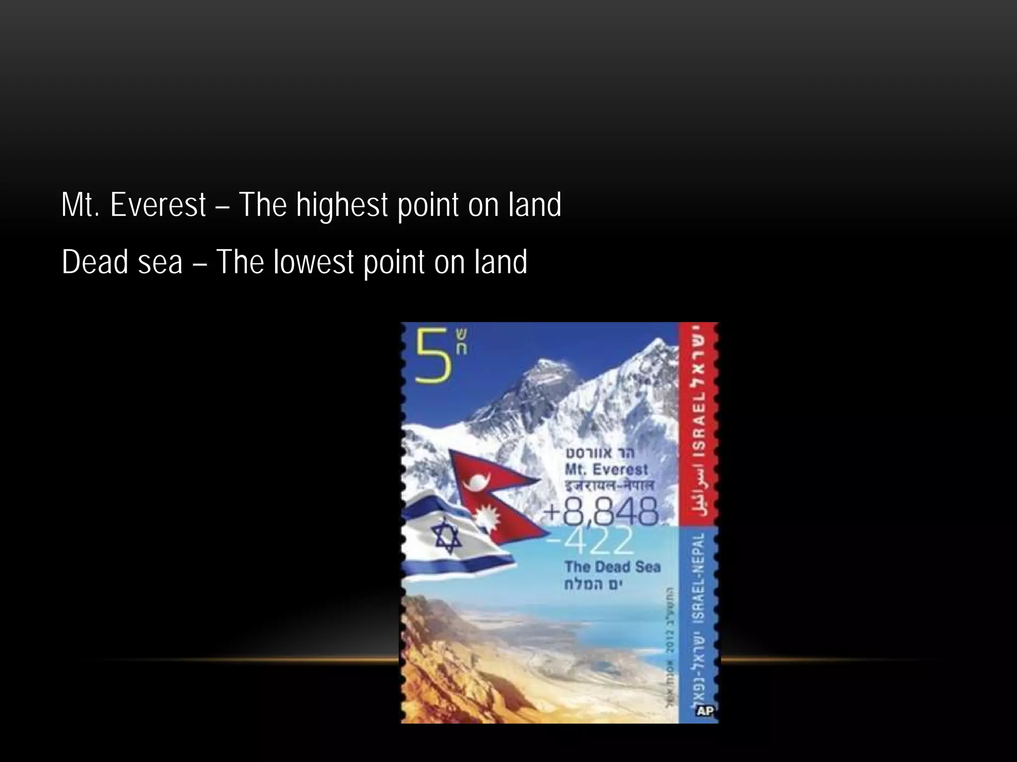 Mt. Everest – The highest point on land
Dead sea – The lowest point on land
 