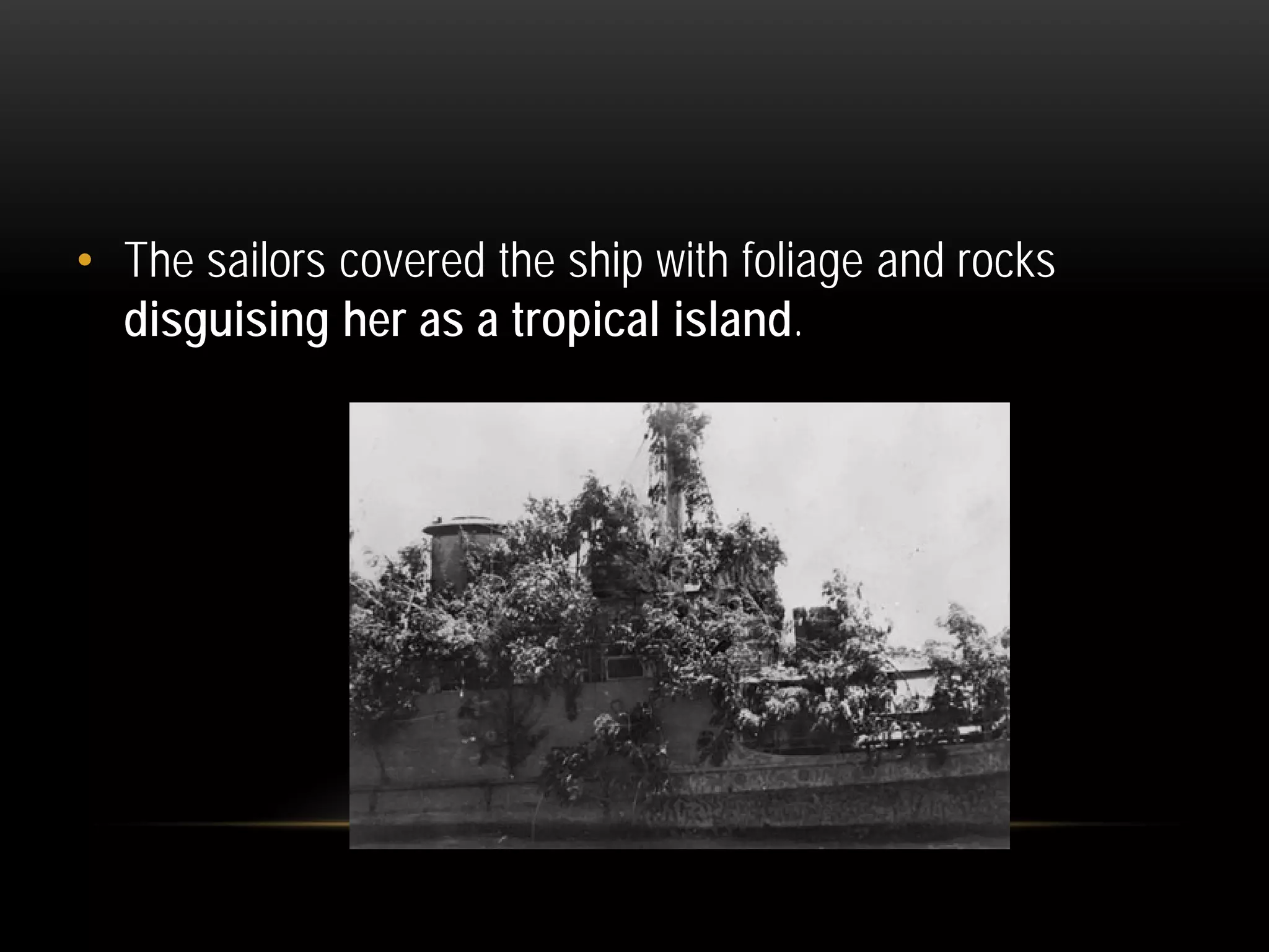 • The sailors covered the ship with foliage and rocks
disguising her as a tropical island.
 