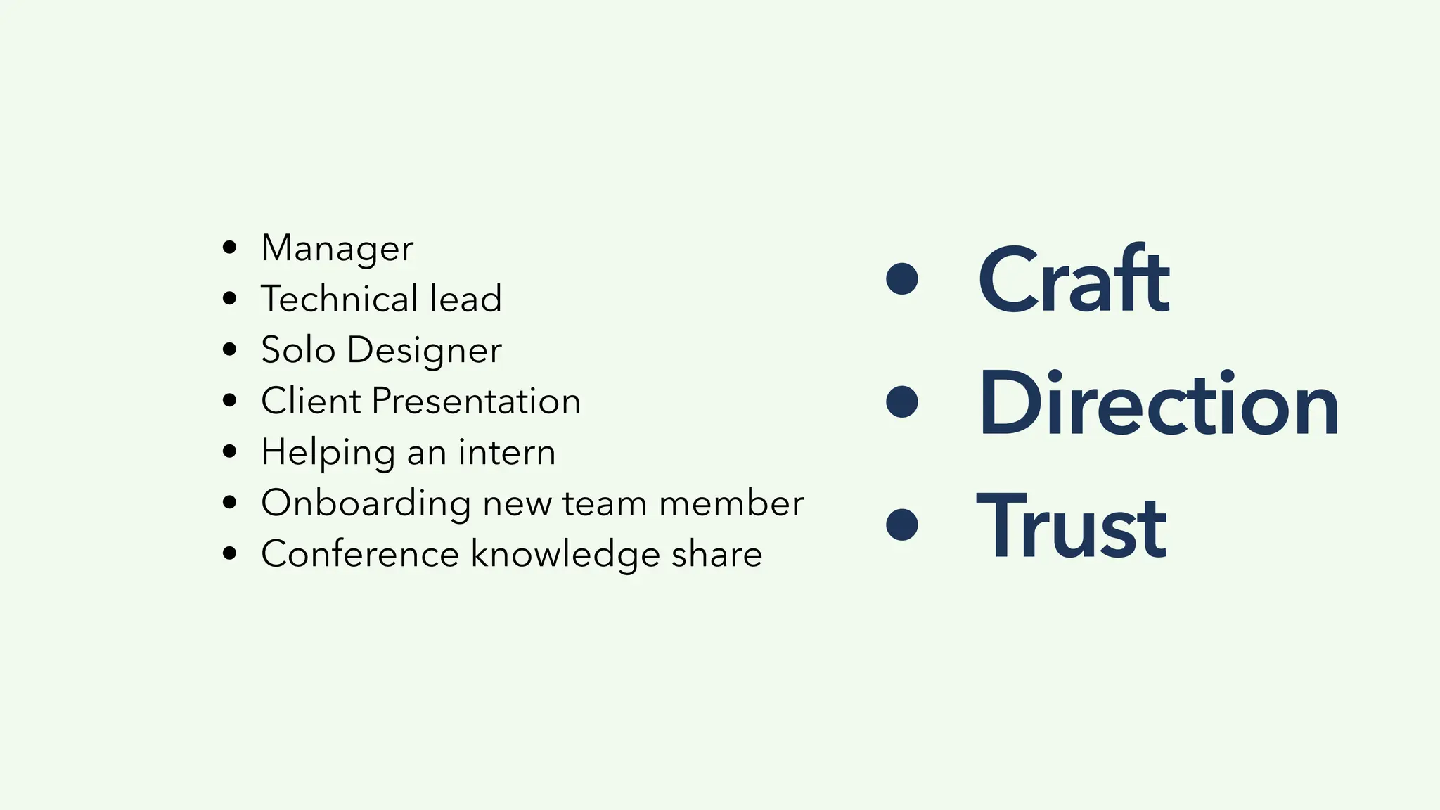 • Manager
• Technical lead
• Solo Designer
• Client Presentation
• Helping an intern
• Onboarding new team member
• Conference knowledge share
• Craft
• Direction
• Trust
 