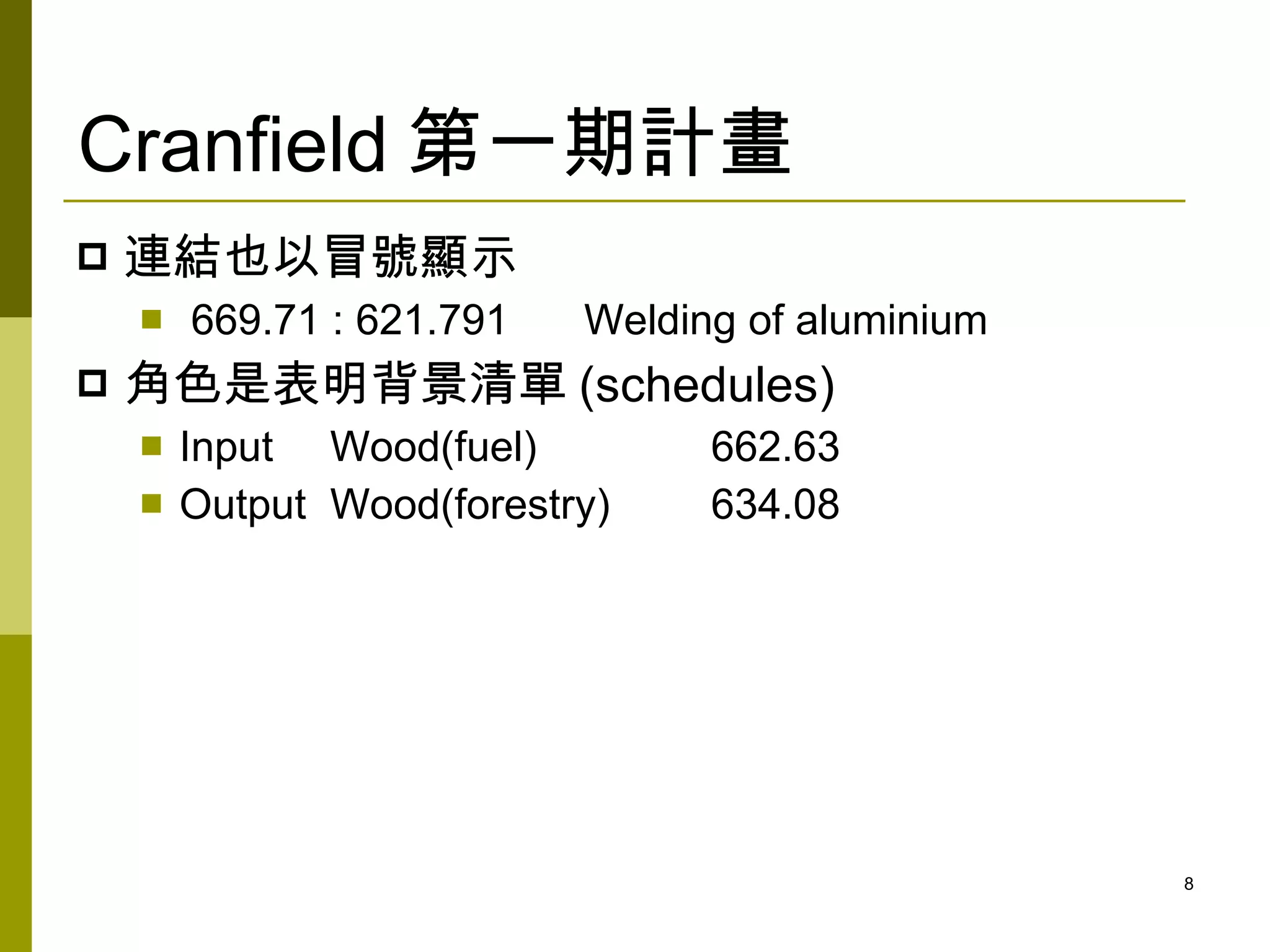 Cranfield 第一期計畫
   連結也以冒號顯示
       669.71 : 621.791   Welding of aluminium
   角色是表明背景清單 (schedules)
       Input Wood(fuel)         662.63
       Output Wood(forestry)    634.08




                                                  8
 