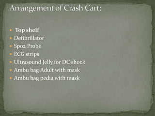  Top shelf
 Defibrillator
 Spo2 Probe
 ECG strips
 Ultrasound Jelly for DC shock
 Ambu bag Adult with mask
 Ambu bag pedia with mask
 