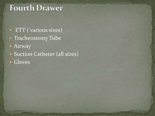 ETT ( various sizes)
 Tracheostomy Tube
 Airway
 Suction Catheter (all sizes)
 Gloves
 