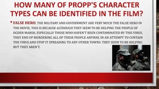 •FALSE HERO; THE MILITARY AND GOVERNMENT ARE VERY MUCH THE FALSE HERO IN
THE MOVIE, THIS IS BECAUSE ALTHOUGH THEY SEEM TO BE HELPING THE PEOPLE OF
OGDEN MARSH, ESPECIALLY THOSE WHO HAVEN’T BEEN CONTAMINATED BY THIS VIRUS.
THEY END UP MURDERING ALL OF THESE PEOPLE ANYWAY, IN AN ATTEMPT TO CONTAIN
THE VIRUS AND STOP IT SPREADING TO ANY OTHER TOWNS. THEY SEEM TO BE HELPING
BUT THEY AREN’T.
HOW MANY OF PROPP'S CHARACTER
TYPES CAN BE IDENTIFIED IN THE FILM?
 