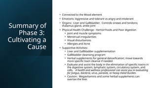 Summary of
Phase 3:
Cultivating a
Cause
• Connected to the Wood element
• Emotions: Aggressive and tolerant vs angry and intolerant
• Organs: Liver and Gallbladder; Controls sinews and tendons;
thalamus gland, ankle joint
• Physical Health Challenge: Hemorrhoids and Poor digestion
• Joint and muscle symptoms
• Menstrual irregularities
• Visual disturbances
• Allergies and Acne
• Supportive Activities:
• Liver and Gallbladder supplementation
• Gallbladder cleansing program
• Herbal supplements for general detoxification; move towards
more specific toxin cleanse if needed
• Evaluate and assist the body in the elimination of specific toxins in
the digestive system, lymphatic system, circulatory system, and
cells. A health and wellness professional can assist you in evaluating
for fungus, bacteria, virus, parasite, or heavy metal burden.
• Caution: Megavitamins and some herbal supplements can
overtax the liver.
 