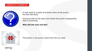 CREATIVITY WARM UP
A man went to a party and drank some of the punch.
He then left early.
Everyone else at the party who drank the punch subsequently
died of poisoning.
Why did the man not die?
The poison in the punch came from the ice cubes