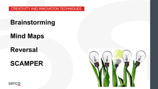 CREATIVITY AND INNOVATION TECHNIQUES
Mind Maps
Reversal
SCAMPER
Brainstorming