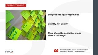 BRAINSTORMING
There should be no right or wrong
Ideas at this stage
Quantity, not Quality
Everyone has equal opportunity
“Great Ideas often receive violent opposition
from mediocre minds.”: Albert Einstein