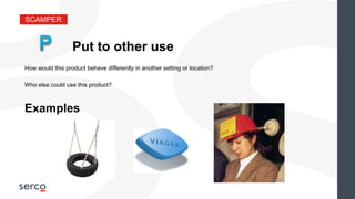 SCAMPER
Put to other use
How would this product behave differently in another setting or location?
Examples
Who else could use this product?