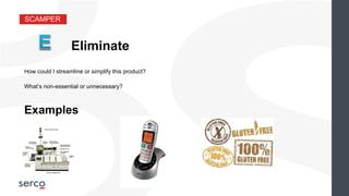 SCAMPER
Eliminate
What’s non-essential or unnecessary?
Examples
How could I streamline or simplify this product?