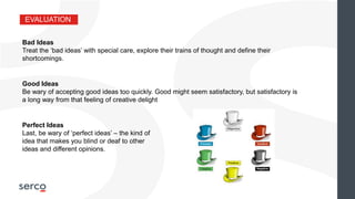 EVALUATION
Bad Ideas
Treat the ‘bad ideas’ with special care, explore their trains of thought and define their
shortcomings.
Good Ideas
Be wary of accepting good ideas too quickly. Good might seem satisfactory, but satisfactory is
a long way from that feeling of creative delight
Perfect Ideas
Last, be wary of ‘perfect ideas’ – the kind of
idea that makes you blind or deaf to other
ideas and different opinions.
