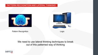 PATTERN RECOGNITION AND LATERAL THINKING
We need to use lateral thinking techniques to break
out of this patterned way of thinking
Pattern Recognition Logic