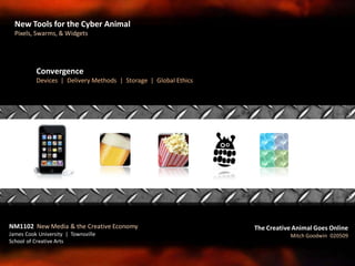 Convergence
Devices | Delivery Methods | Storage | Global Ethics
NM1102 New Media & the Creative Economy
James Cook University | Townsville
School of Creative Arts
The Creative Animal Goes Online
Mitch Goodwin 020509
New Tools for the Cyber Animal
Pixels, Swarms, & Widgets
 