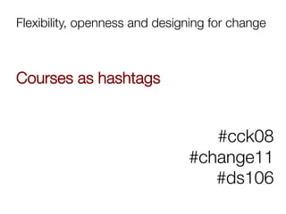 Flexibility, openness and designing for change


Courses as hashtags
                                              
                                              
                                   #cck08
                                #change11
                                   #ds106
 