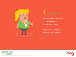 1 SET THE STAGE 
Be clear about the actions 
and behaviors your 
organization values. 
Foster and reward those 
behaviors consistently. 
 