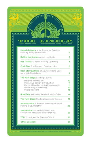 Moolah Palooza: Your Source for Creative 
Industry Salary Information 
Behind the Scenes: About the Guide 
Hot Tickets: 5 Trends Heating Up Hiring 
Cool Gigs: 9 In-Demand Creative Jobs 
Rock Star Qualities: Characteristics to Look 
for in Job Candidates 
The Main Stage: Starting Salaries 
Design & Production 
Interactive Design & Production 
Content Development & Management 
Advertising & Marketing 
Public Relations 
Road Trip: Adjusting Salaries for U.S. Cities 
The Main Stage: Starting Salaries in Toronto 
Sound Advice: 5 Reasons You Should Avoid 
Making a Counteroffer 
Jam Session: Mixing Full-Timers and 
Freelancers Through Flexible Staffing 
TCG: Your Agent for Creative Talent 
Office Locations 
2 
3 
4 
6 
9 
10 
11 
11 
12 
13 
14 
16 
20 
22 
23 
25 
All trademarks contained herein are the property of their respective owners. 
 