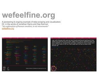 wefeelfine.org
A pioneering & ongoing example of data-scraping and visualization.
Or, in the words of Jonathan Harris and Sep Kamvar:
"An exploration of human emotion, in six movements"
wefeelfine.org
 