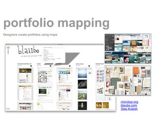 portfolio mapping
Designers create portfolios using maps




                                         microtyp.org
                                         blaubo.com
                                         Stas Kulesh
 