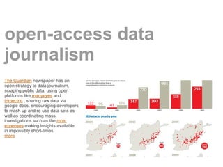 open-access data
journalism
The Guardian newspaper has an
open strategy to data journalism,
scraping public data, using open
platforms like manyeyes and
trimectric , sharing raw data via
google docs, encouraging developers
to mash-up and re-use data sets as
well as coordinating mass
investigations such as the mps
expenses making insights available
in impossibly short-times.
more
 