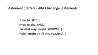 Statement Starters - AKA Challenge Statements
• How to…(H2...)
• How might...(HM…)
• In what ways might…(IWWM…)
• What might be all the…(WMBAT...)
 