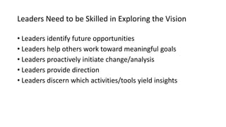 Leaders Need to be Skilled in Exploring the Vision
• Leaders identify future opportunities
• Leaders help others work toward meaningful goals
• Leaders proactively initiate change/analysis
• Leaders provide direction
• Leaders discern which activities/tools yield insights
 