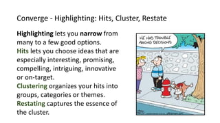 Converge - Highlighting: Hits, Cluster, Restate
Highlighting lets you narrow from
many to a few good options.
Hits lets you choose ideas that are
especially interesting, promising,
compelling, intriguing, innovative
or on-target.
Clustering organizes your hits into
groups, categories or themes.
Restating captures the essence of
the cluster.
 