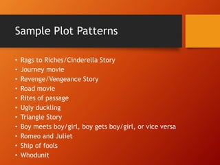Sample Plot Patterns
• Rags to Riches/Cinderella Story
• Journey movie
• Revenge/Vengeance Story
• Road movie
• Rites of passage
• Ugly duckling
• Triangle Story
• Boy meets boy/girl, boy gets boy/girl, or vice versa
• Romeo and Juliet
• Ship of fools
• Whodunit
 