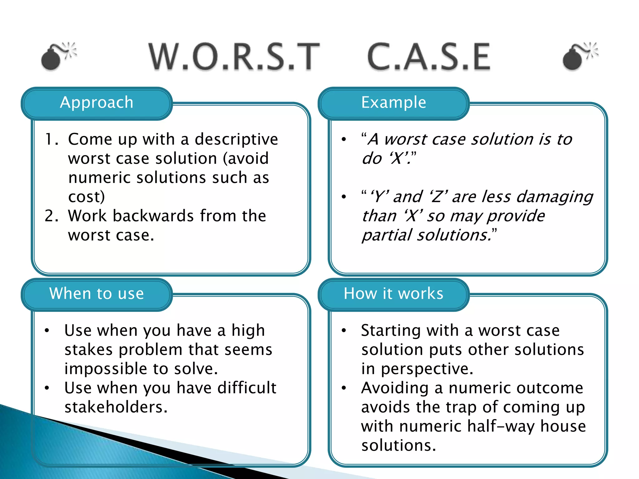Approach                         Example

1. Come up with a descriptive   • “A worst case solution is to
   worst case solution (avoid     do „X‟.”
   numeric solutions such as
   cost)                        • “„Y‟ and „Z‟ are less damaging
2. Work backwards from the        than „X‟ so may provide
   worst case.                    partial solutions.”


When to use                     How it works

• Use when you have a high      • Starting with a worst case
  stakes problem that seems       solution puts other solutions
  impossible to solve.            in perspective.
• Use when you have difficult   • Avoiding a numeric outcome
  stakeholders.                   avoids the trap of coming up
                                  with numeric half-way house
                                  solutions.
 