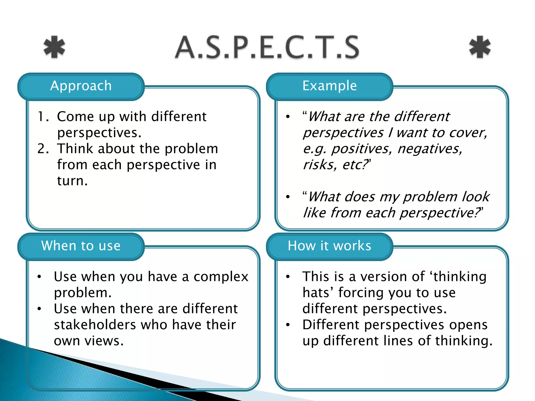 Approach                          Example

1. Come up with different        • “What are the different
   perspectives.                   perspectives I want to cover,
2. Think about the problem         e.g. positives, negatives,
   from each perspective in        risks, etc?”
   turn.
                                 • “What does my problem look
                                   like from each perspective?”

When to use                      How it works

• Use when you have a complex    • This is a version of „thinking
  problem.                         hats‟ forcing you to use
• Use when there are different     different perspectives.
  stakeholders who have their    • Different perspectives opens
  own views.                       up different lines of thinking.
 