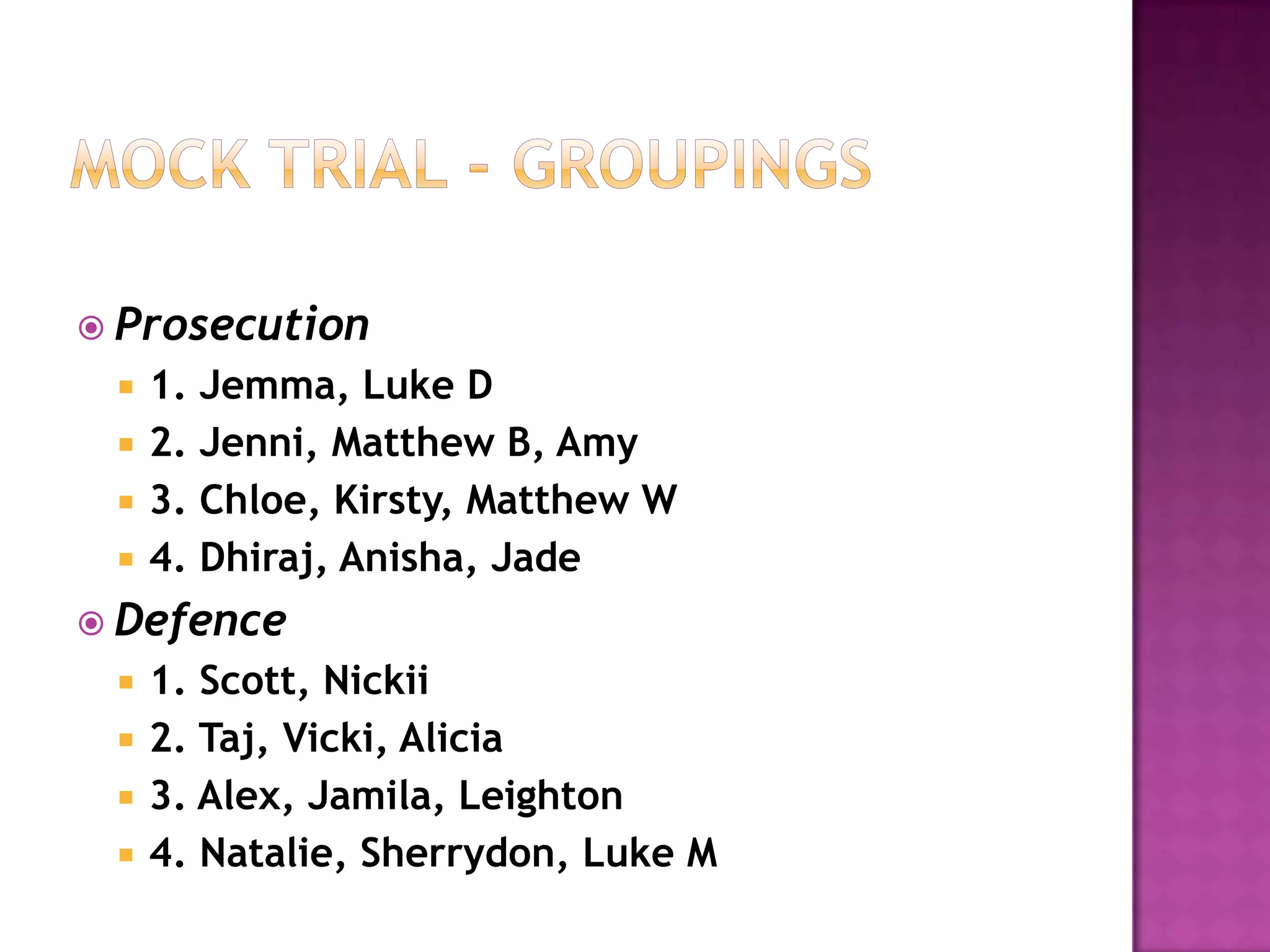 Trial ProcedureWhen the prosecution has presented all its evidence, the defence can submit that there is no case to answer, which means that on the prosecution evidence, no reasonable jury (or bench of magistrates) could convict. If the submission is successful, a verdict of not guilty will be given straight away.If no such submission is made, or if the submission is unsuccessful, the defence then puts forward its case, using the same procedure for examining witnesses as the prosecution did. 