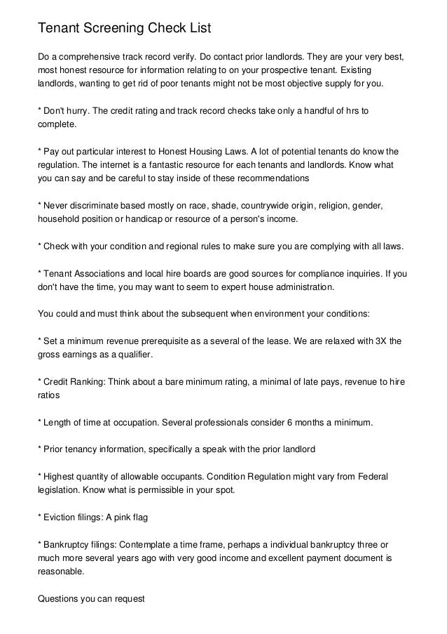 Tenant Screening Check List Tenant Screening Check List