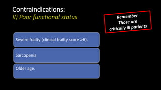 Contraindications:
II) Poor functional status
Severe frailty (clinical frailty score >6).
Sarcopenia
Older age.
 