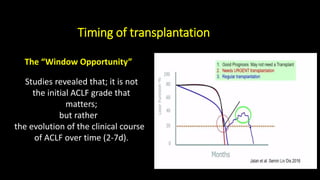 Timing of transplantation
The “Window Opportunity”
Studies revealed that; it is not
the initial ACLF grade that
matters;
but rather
the evolution of the clinical course
of ACLF over time (2-7d).
 