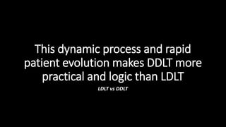 This dynamic process and rapid
patient evolution makes DDLT more
practical and logic than LDLT
LDLT vs DDLT
 