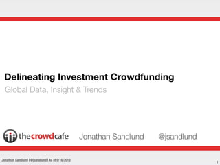 Delineating Investment Crowdfunding
Global Data, Insight & Trends

Jonathan Sandlund
Jonathan Sandlund | @jsandlund | As of 9/16/2013

@jsandlund
1

 