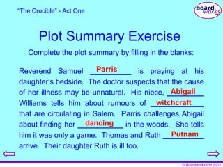 Plot Summary Exercise Complete the plot summary by filling in the blanks: Reverend Samuel  __________  is praying at his daughter’s bedside.  The doctor suspects that the cause of her illness may be unnatural.  His niece,  _________  Williams tells him about rumours of  _____________  that are circulating in Salem.  Parris challenges Abigail about finding her  ___________  in the woods.  She tells him it was only a game.  Thomas and Ruth  __________  arrive.  Their daughter Ruth is ill too. Parris Abigail witchcraft dancing Putnam “ The Crucible” - Act One 