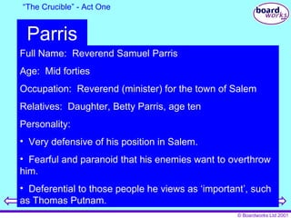 “ The Crucible” - Act One Parris Full Name:  Reverend Samuel Parris Age:  Mid forties Occupation:  Reverend (minister) for the town of Salem Relatives:  Daughter, Betty Parris, age ten Personality:  Very defensive of his position in Salem. Fearful and paranoid that his enemies want to overthrow him. Deferential to those people he views as ‘important’, such as Thomas Putnam. 