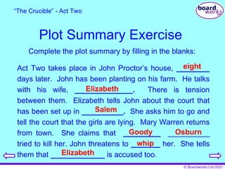 Plot Summary Exercise “ The Crucible” - Act Two Complete the plot summary by filling in the blanks: Act Two takes place in John Proctor’s house,  ________  days later.  John has been planting on his farm.  He talks with his wife,  ______________.   There is tension between them.  Elizabeth tells John about the court that has been set up in  __________.  She asks him to go and tell the court that the girls are lying.  Mary Warren returns from town.  She claims that  _________   __________ tried to kill her.   John threatens to  _______  her.  She tells them that  _____________  is accused too. eight Elizabeth Salem Goody Osburn whip Elizabeth 