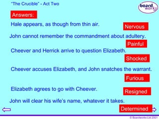 “ The Crucible” - Act Two Hale appears, as though from thin air. John cannot remember the commandment about adultery. Cheever and Herrick arrive to question Elizabeth. Cheever accuses Elizabeth, and John snatches the warrant. Elizabeth agrees to go with Cheever. John will clear his wife’s name, whatever it takes. Answers: Nervous Painful Shocked Furious Resigned Determined 