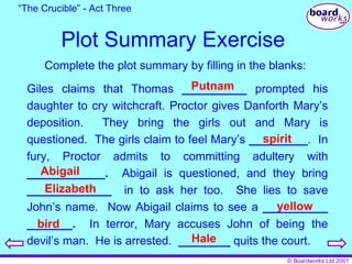 Plot Summary Exercise “ The Crucible” - Act Three Complete the plot summary by filling in the blanks: Giles claims that Thomas  __________  prompted his daughter to cry witchcraft. Proctor gives Danforth Mary’s deposition.  They bring the girls out and Mary is questioned.  The girls claim to feel Mary’s  _________ .  In fury, Proctor admits to committing adultery with  ____________.   Abigail is questioned, and they bring  _____________   in to ask her too.  She lies to save John’s name.  Now Abigail claims to see a  __________   _______.   In terror, Mary accuses John of being the devil’s man.  He is arrested.  ________  quits the court. Putnam spirit Abigail Elizabeth yellow bird Hale 