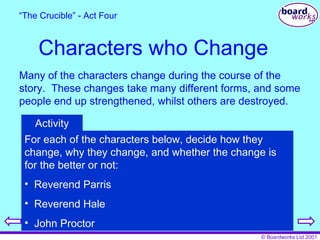 Characters who Change “ The Crucible” - Act Four Many of the characters change during the course of the story.  These changes take many different forms, and some people end up strengthened, whilst others are destroyed. For each of the characters below, decide how they change, why they change, and whether the change is for the better or not: Reverend Parris Reverend Hale John Proctor Activity 