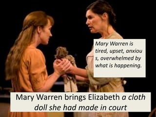 Mary Warren is
                      tired, upset, anxiou
                      s, overwhelmed by
                      what is happening.




Mary Warren brings Elizabeth a cloth
    doll she had made in court
 