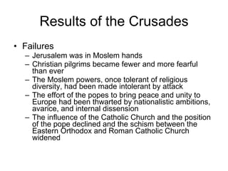 Results of the Crusades Failures Jerusalem was in Moslem hands Christian pilgrims became fewer and more fearful than ever The Moslem powers, once tolerant of religious diversity, had been made intolerant by attack The effort of the popes to bring peace and unity to Europe had been thwarted by nationalistic ambitions, avarice, and internal dissension The influence of the Catholic Church and the position of the pope declined and the schism between the Eastern Orthodox and Roman Catholic Church widened 