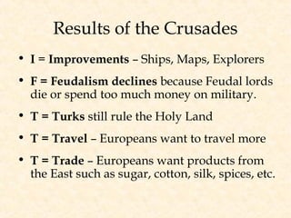 Results of the Crusades
• I = Improvements – Ships, Maps, Explorers
• F = Feudalism declines because Feudal lords
die or spend too much money on military.
• T = Turks still rule the Holy Land
• T = Travel – Europeans want to travel more
• T = Trade – Europeans want products from
the East such as sugar, cotton, silk, spices, etc.
 