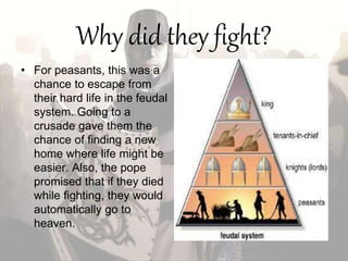 Why did they fight?
• For peasants, this was a
chance to escape from
their hard life in the feudal
system. Going to a
crusade gave them the
chance of finding a new
home where life might be
easier. Also, the pope
promised that if they died
while fighting, they would
automatically go to
heaven.
 